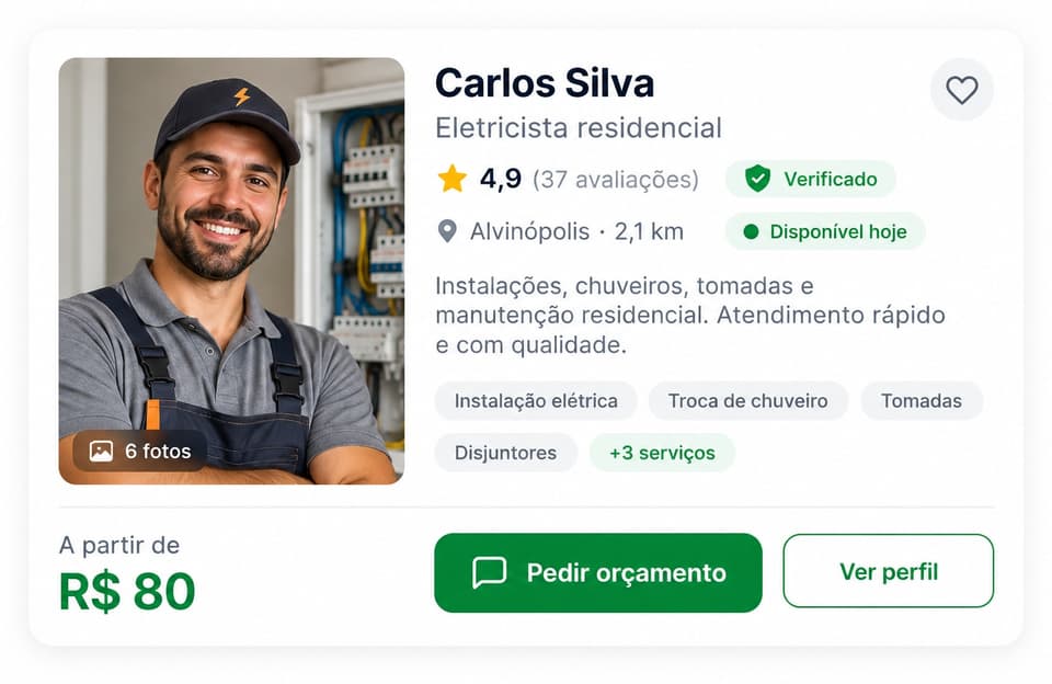 Exemplo de perfil de profissional no AtiPerto: eletricista verificado, nota 4,9, disponível hoje, a partir de R$ 80. Crie o seu perfil